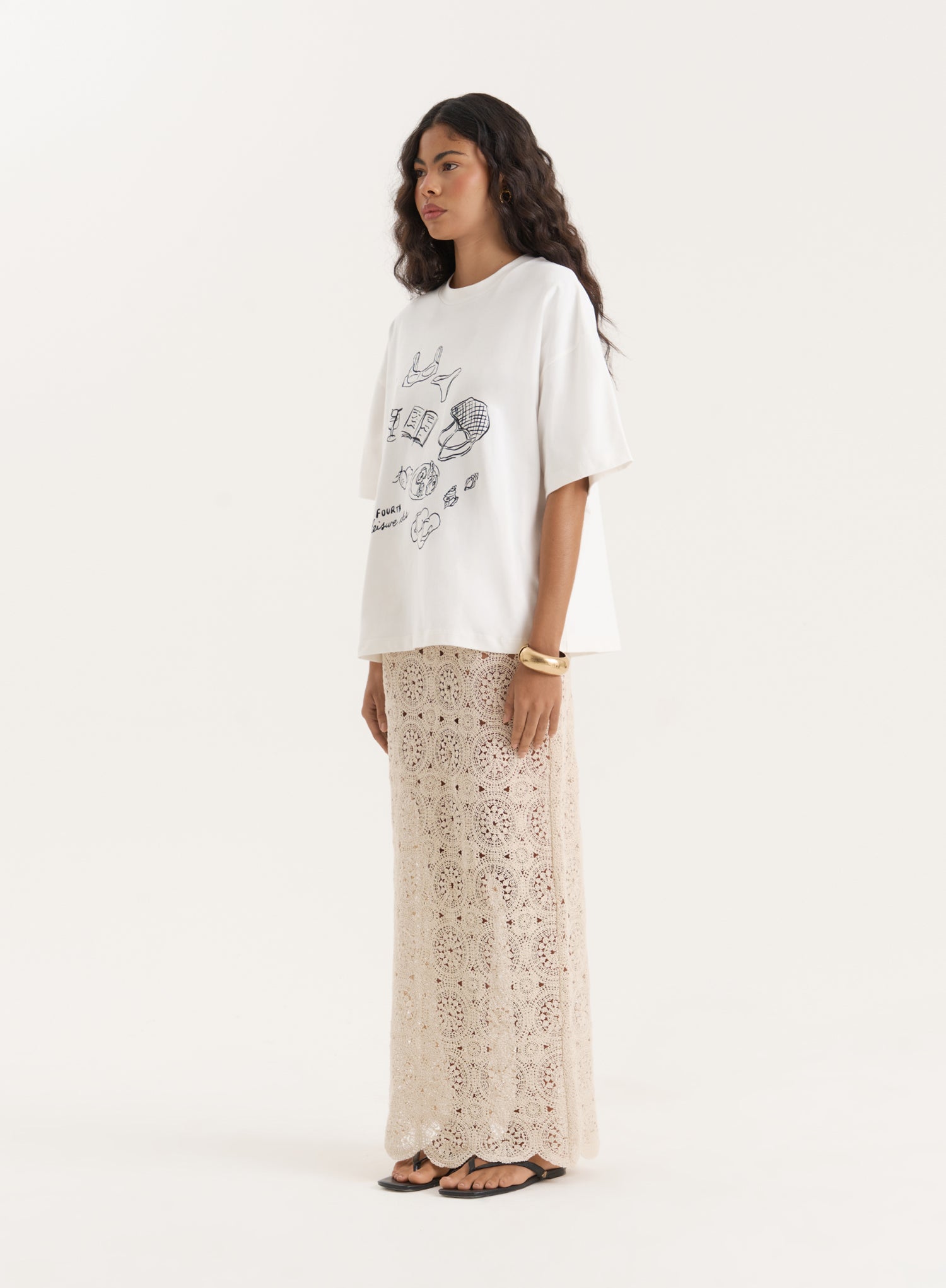 Cream Illustration Print Oversized T-Shirt
